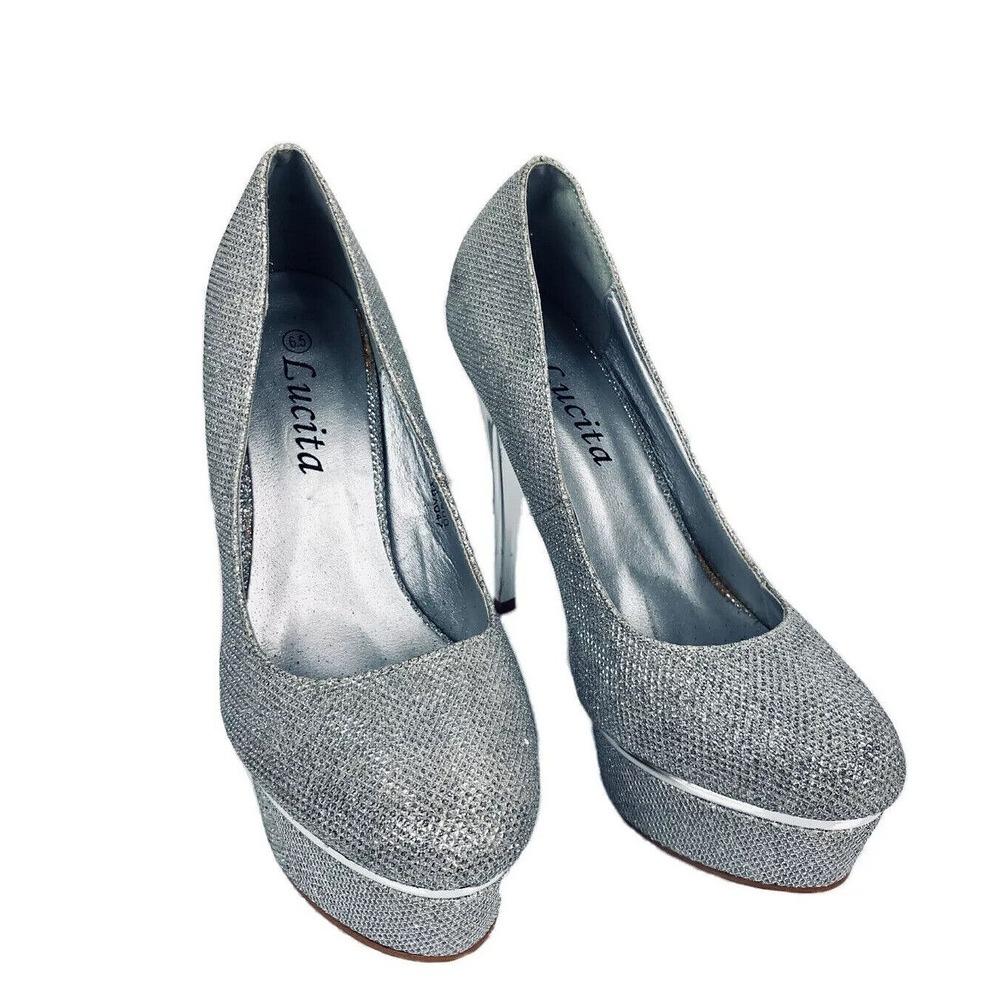 Lucita Silver Glitter Platform Stiletto Pumps‎ Round Toe Formal Heels SX-300 6.5